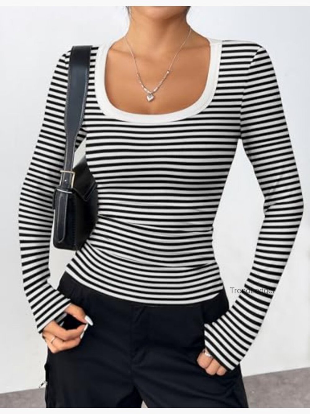 Long Sleeve Rib Knit Scoop Neck Tee Slim Fit Business Casual Top - Picture 2 of 7